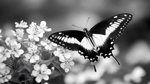 Monochrome swallowtail butterfly over clustered spring blossoms.