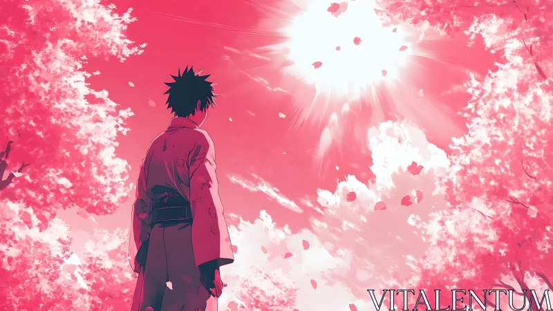 Solitary figure studies bright sky through drifting blossoms