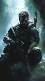 Battle-hardened soldier resting in a misty jungle light.