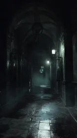 Gothic corridor recedes into fog under cold lantern light