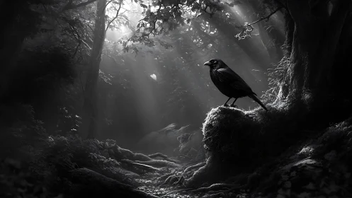 Solitary raven rests on mossy root in sunlit forest gloom