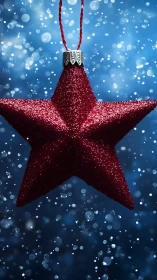 Red glitter star ornament hangs against blue bokeh background.