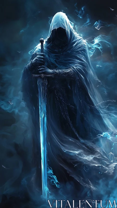 Spectral reaper in swirling cyan mist with enchanted blade.