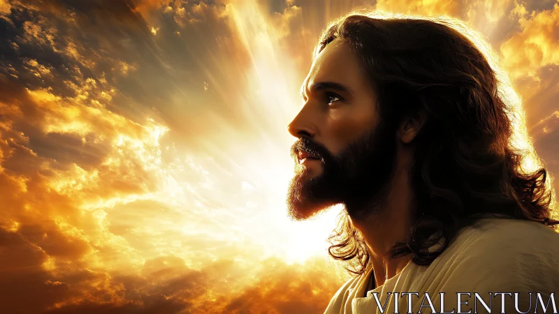 Profile of bearded man before radiant golden cloudscape.