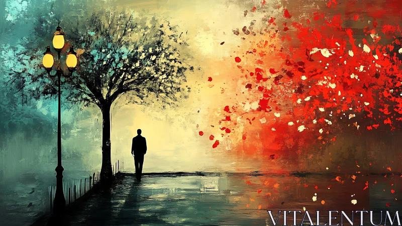 Solitary walker drifts between teal quiet and burning dusk