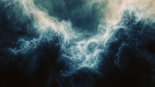 Cosmic storm of teal nebula clouds swirls through deep space