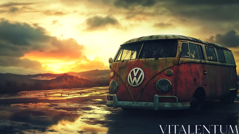 Weathered VW microbus at wet rural road under stormy sunset