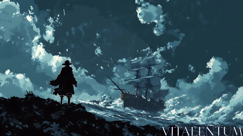 Silhouetted coastal figure observing sailing ship offshore.