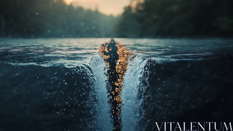 Rendered river surface splits into a central vertical waterfall