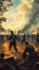 Civil War infantry advances through burning battlefield field.