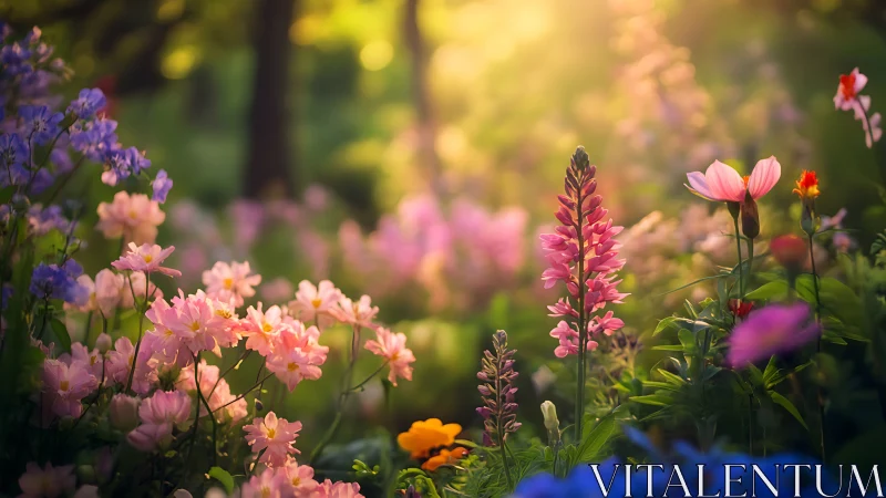 Garden composition with multiple flowering plant species in staged depth