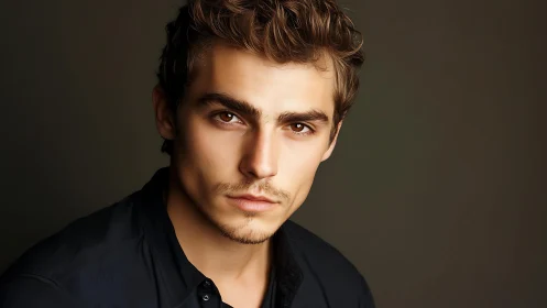 Moody studio portrait of young man in dark shirt.
