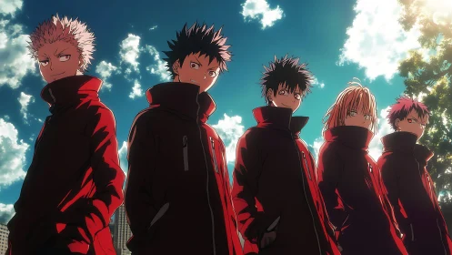 Anime squad stands under dramatic sky in bold red coats.