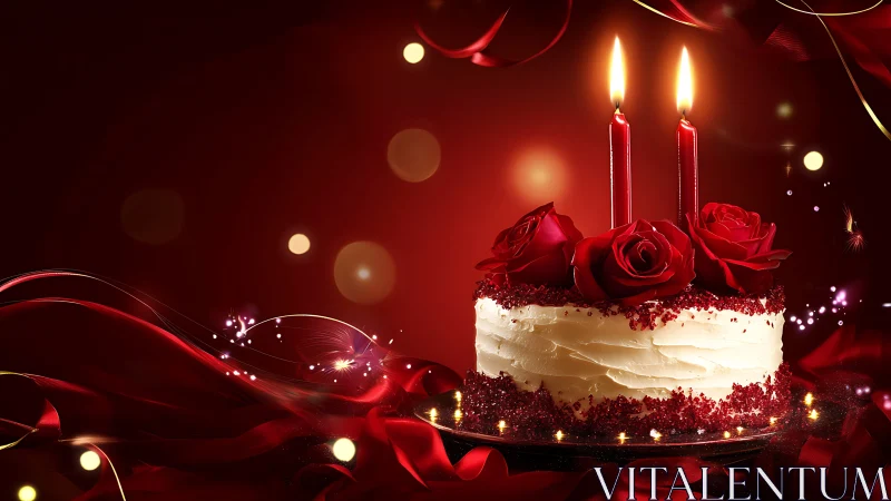 Elegant Red Velvet Cake with Candles and Rose Accents Against Warm Bokeh.
