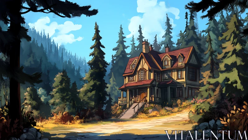 Victorian House in Coniferous Forest Landscape