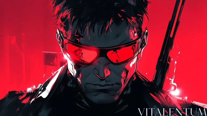 Cybernetic enforcer lowers gaze under neon red glare