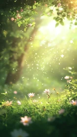 Sunlit meadow whispers under drifting pollen sparkles.