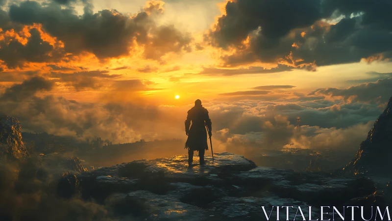 Cinematic fantasy wanderer on sunlit cliff horizonline panorama.