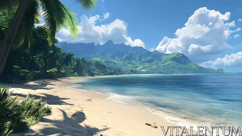 Coastal landscape with volcanic mountains and palm shoreline.