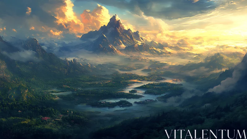 Sunlit summit crowns a mist-laced emerald fantasy valley.