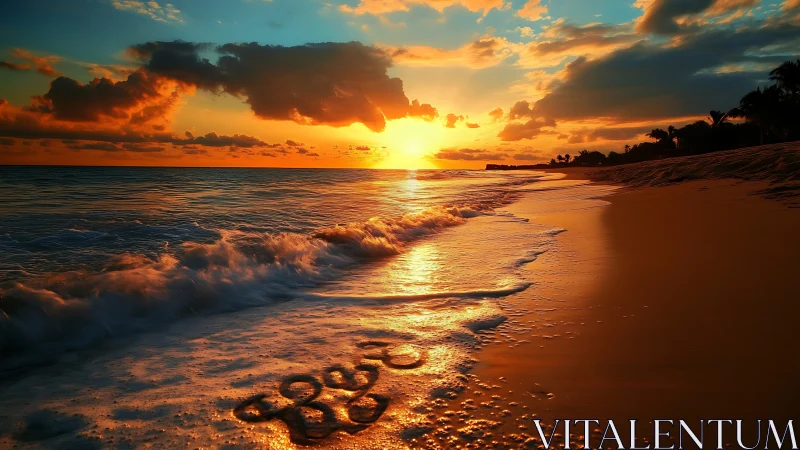 Sunset over shoreline with surf and sand inscription.