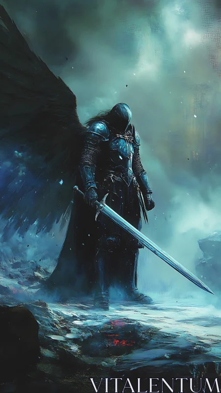 Armored winged warrior with sword in cold misty landscape.