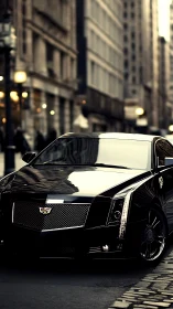 Black luxury sedan reflects tall city buildings at dusk