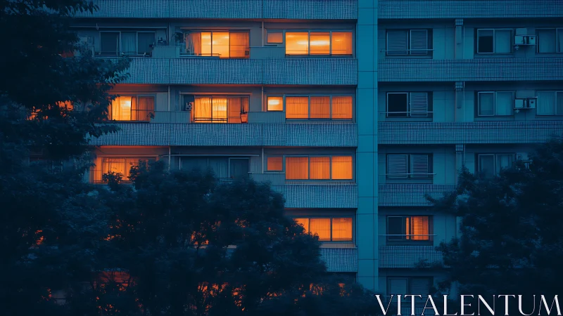 Warm apartment windows glow softly against the cool night