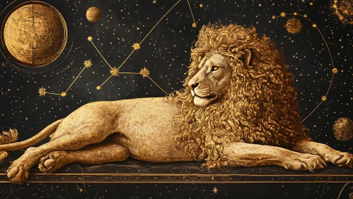 Regal celestial lion rests beneath golden star map.
