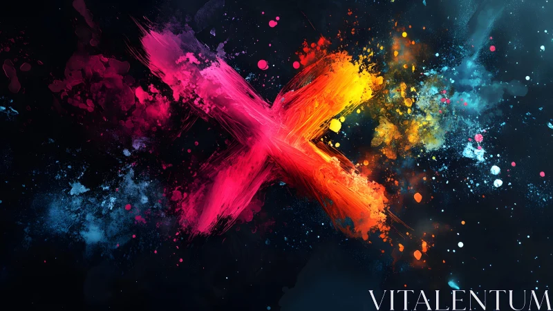 Vibrant Abstract X in Colorful Paint Splatter on Dark Background.