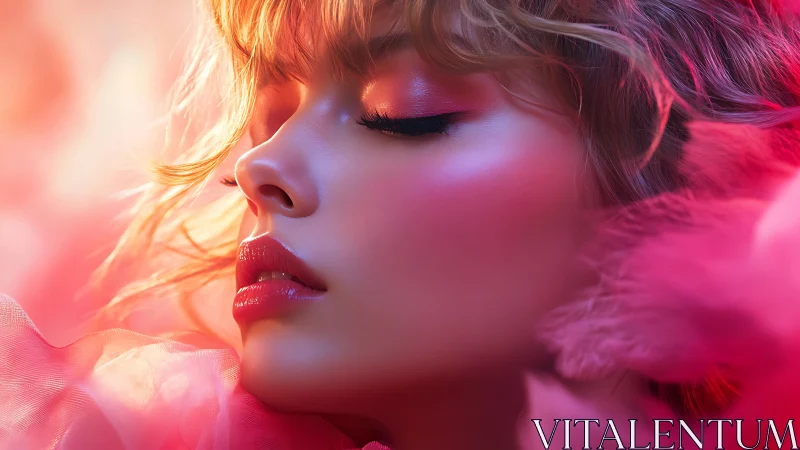 Dreamy neon portrait wrapped in soft pink feathers.