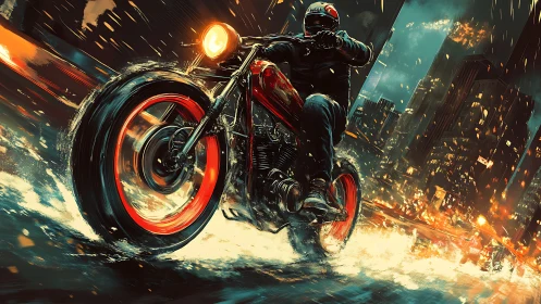 Night rider speeds through neon drenched cyberpunk storm.
