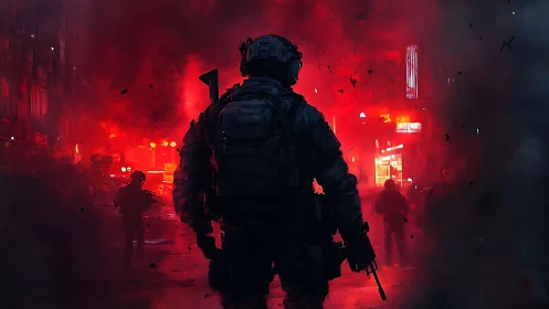 Armored soldiers advance through smoke-filled urban street