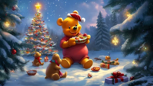 Festive cartoon bears sharing Christmas treats in snowy forest