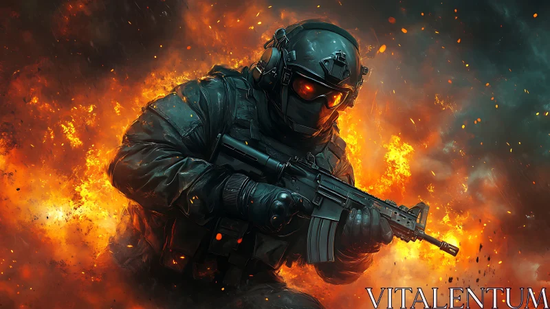 Armored tactical soldier advances through incendiary blast field