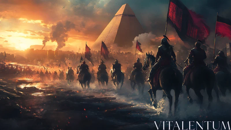 Warhorses storm a blazing pyramid city under molten skies