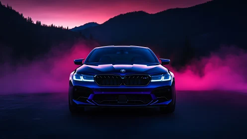 Sport sedan cuts through neon mist at twilight in mountains.