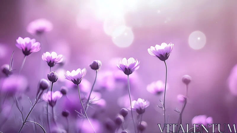 Shallow-depth field selective focus rendering of purple cosmos flowers with bokeh luminosity gradien