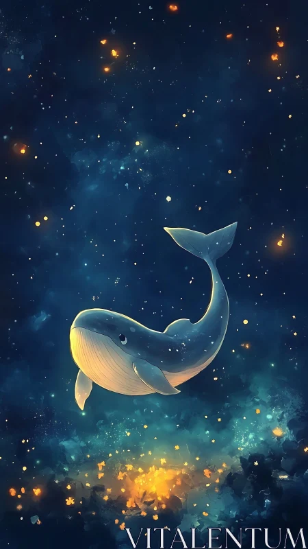 Celestial blue whale drifts through glowing starfield.