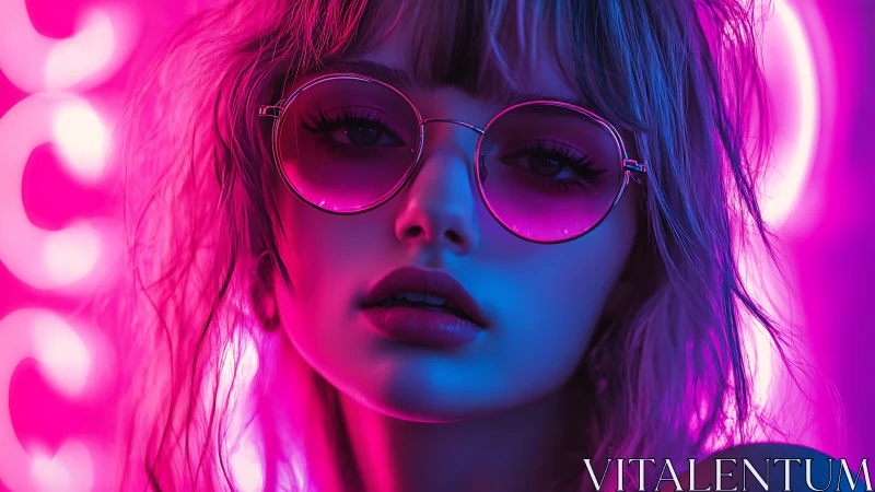 Portrait shows stylized face under pink and blue neon lighting