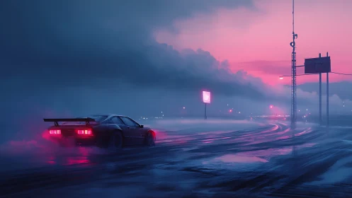 Neon dusk racer carving luminous tracks through vapor night.