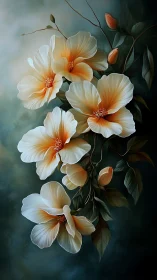 Cream and Coral Hibiscus Blooms with Buds.