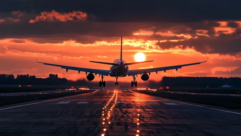 Passenger jet landing on lit runway at vivid sunset sky.