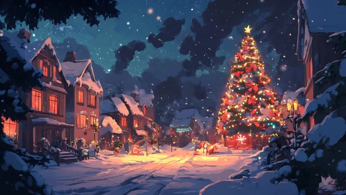 Snowy village glows softly around a radiant Christmas tree