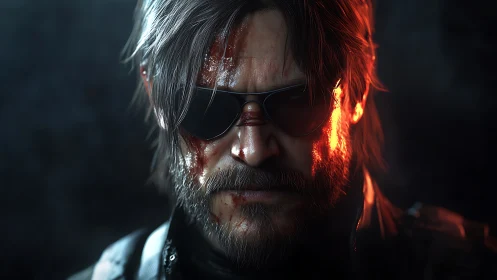 Scarred mercenary in burning rim light close portrait.