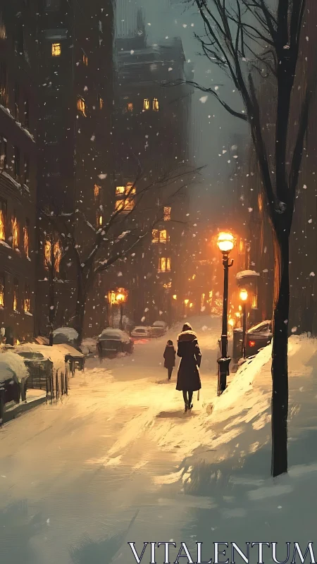 Snowy city street under warm lamplight at dusk.
