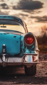 Weathered classic car rear view at sunset.