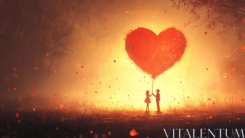 Two silhouettes hold giant luminous heart balloon at golden sunset