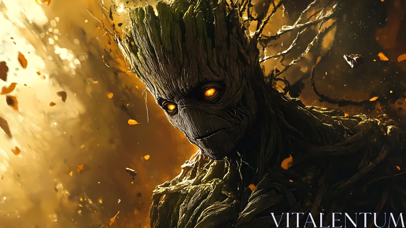 Rooted sentry whispers wildfire secrets through ember eyes