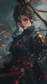 Armored female warrior with sword amid embers in dusk.